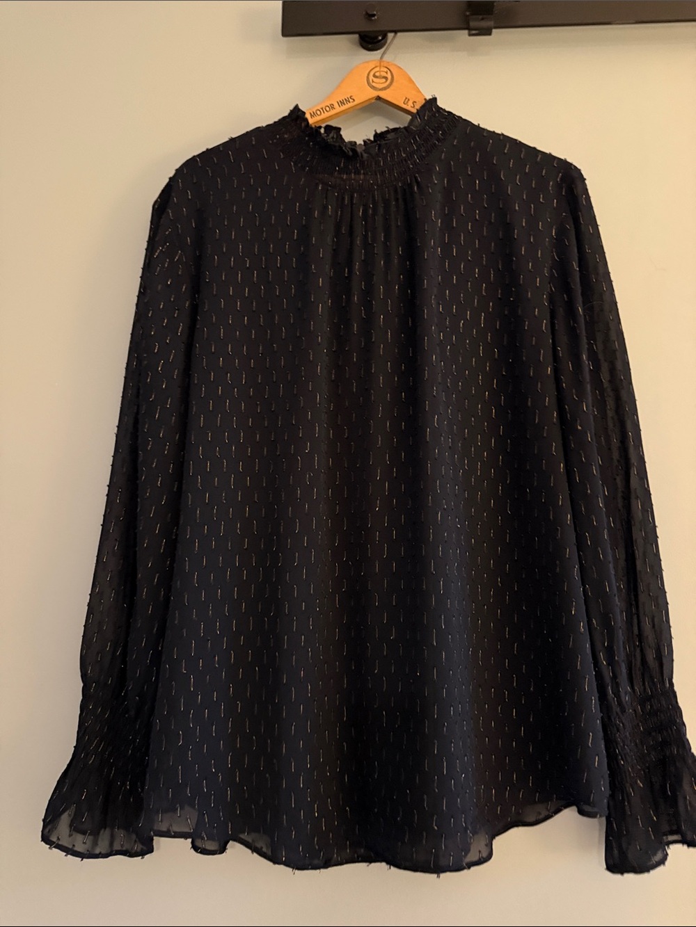 Ann Taylor Women's Navy blue with gold accents Long-Sleeve Smocked Neck Top